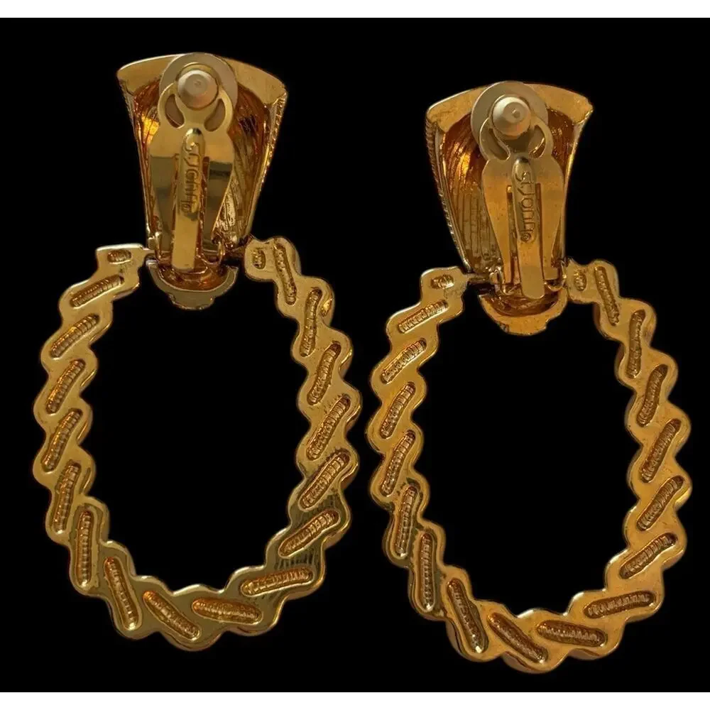 ST John Gold Tone/Cream Enamel Door Knocker Clip On Earrings 3” XL Vintage 80s